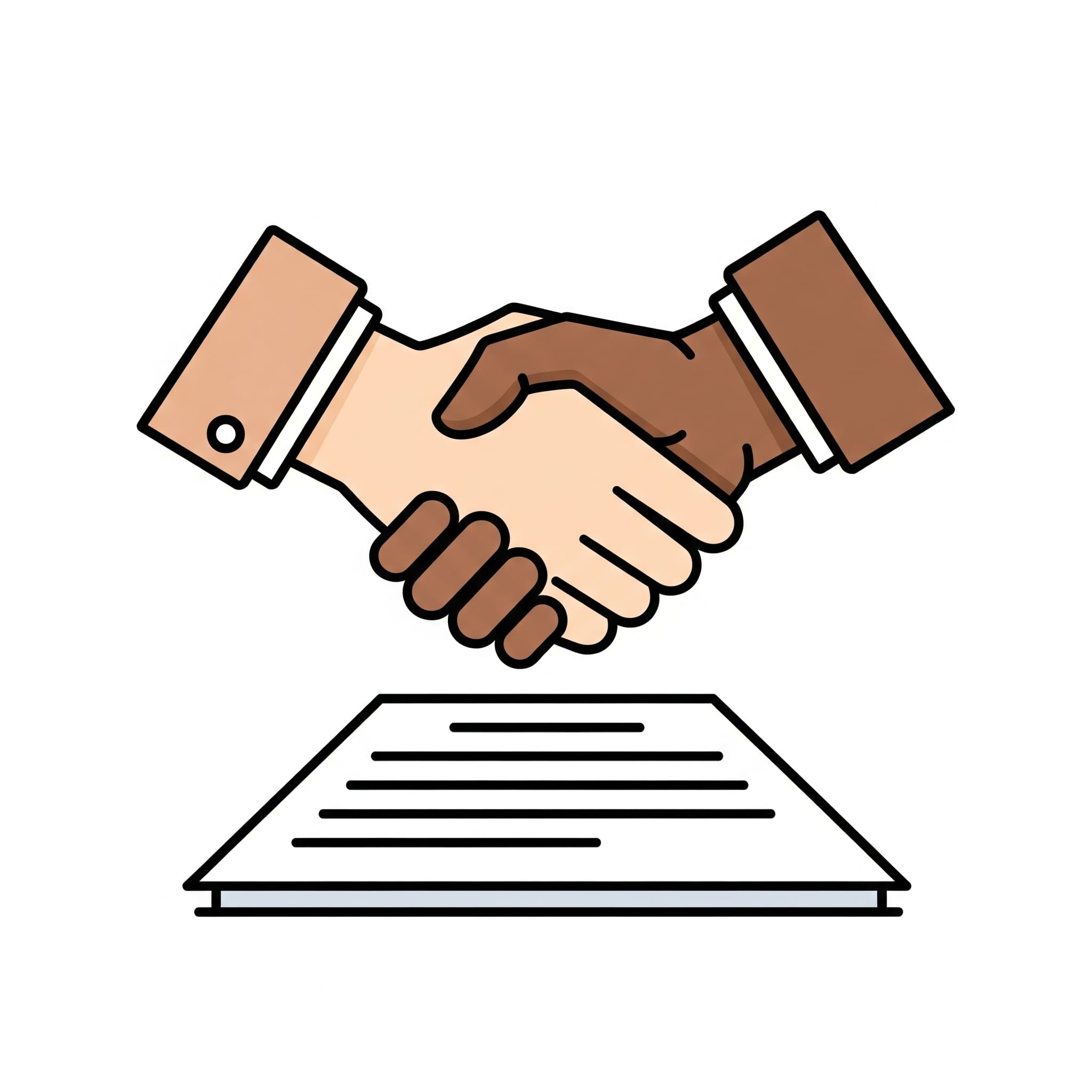 Icon of two hands shaking over a document, symbolizing agreement.