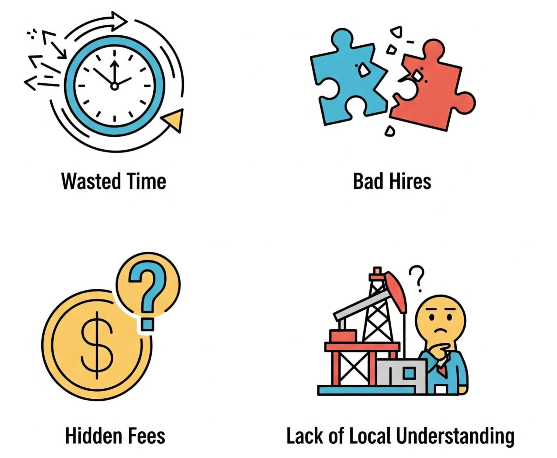 Infographic illustrating common hiring pain points: wasted time, bad hires, hidden costs, lack of local insight.