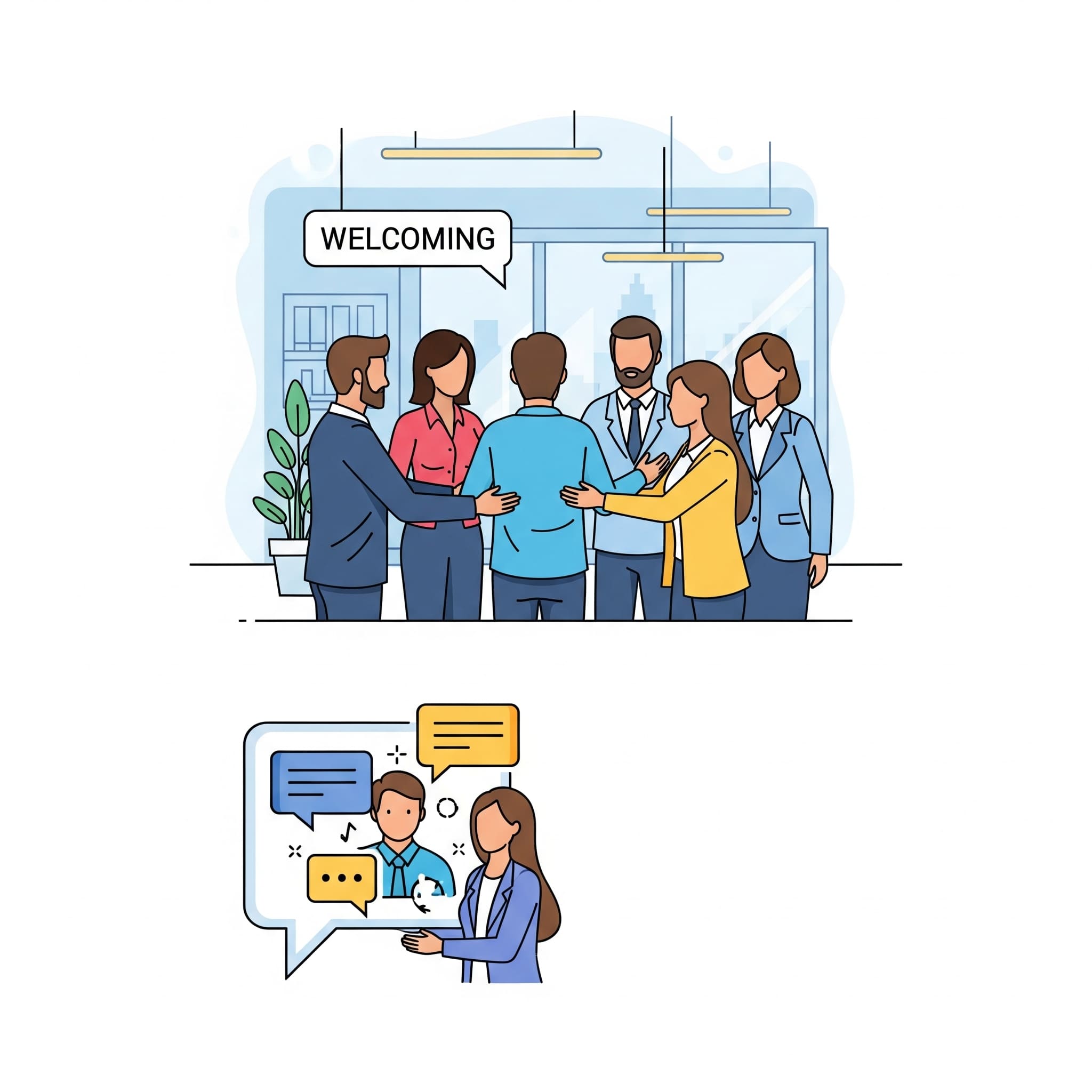 Icon of a person being welcomed into a workplace, followed by a speech bubble for ongoing support.